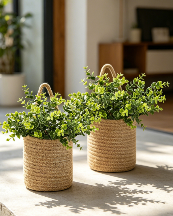 Wall Hanging Rope Basket with Greenery Decor
