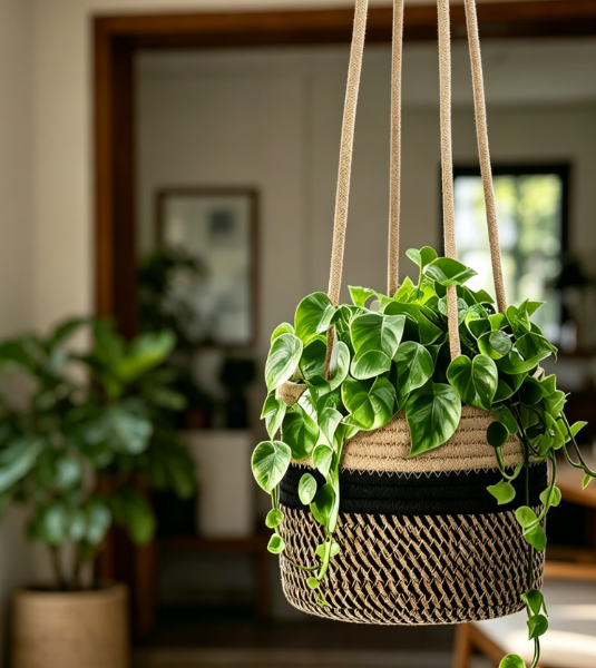 Cotton Rope Hanging Planter Basket, Boho Wall Plant Holder