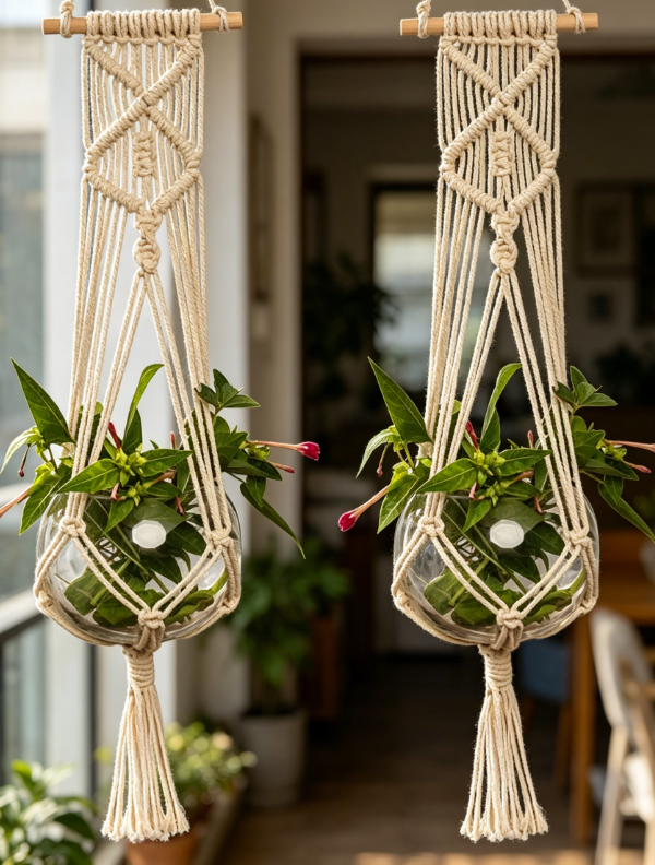 Indoor Outdoor Hanging Flower Pot Basket, Rope Plant Holder