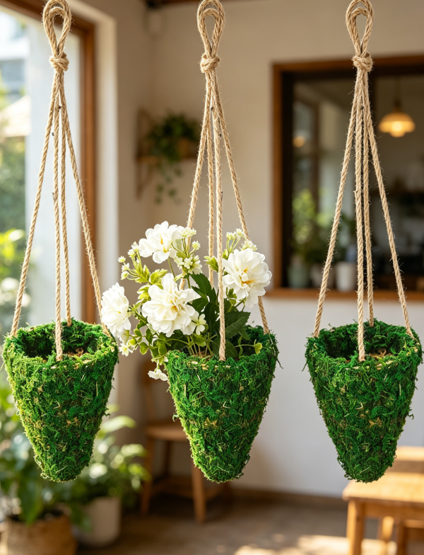 Conical Hanging Wicker Basket with Moss, Wall Planter