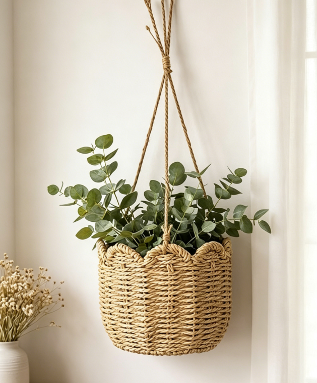 Seagrass Hanging Flower Basket with Wave Edge, Woven Planter - Image 2