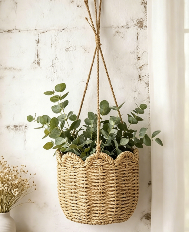 Seagrass Hanging Flower Basket with Wave Edge, Woven Planter
