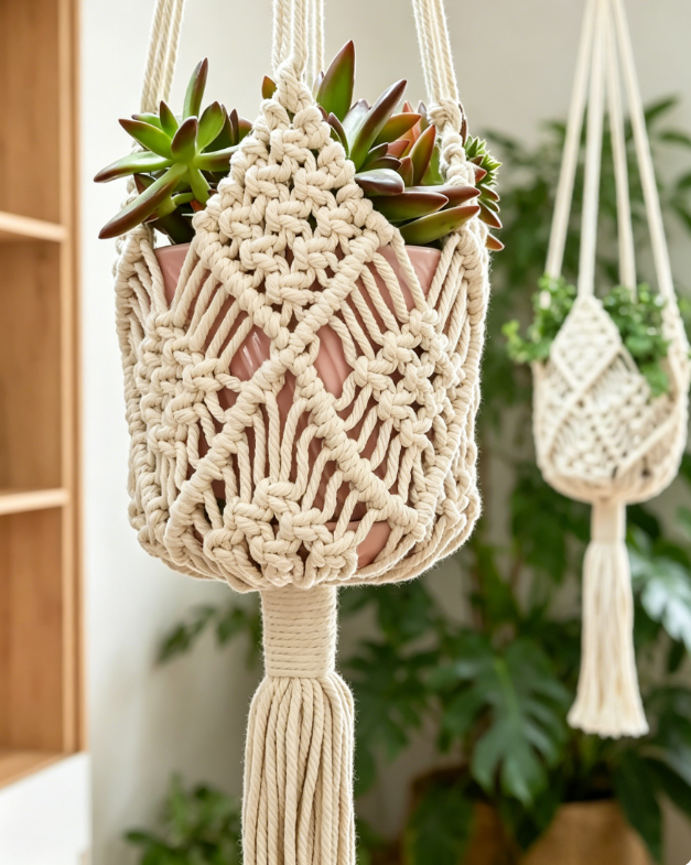 Patterned Macrame Plant Hanger, Hanging Planter Holder - Image 2